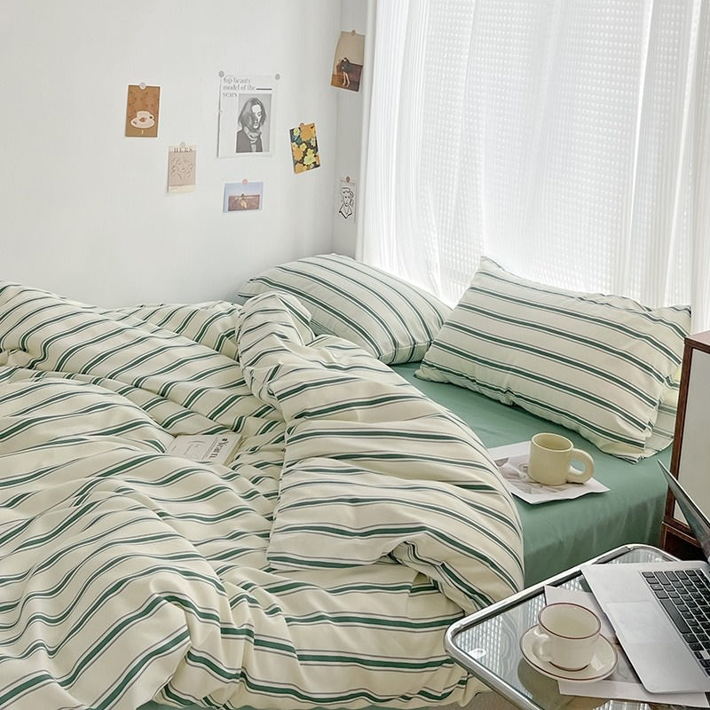 Qfdian Minimalist Green Striped Sage Bedding Set