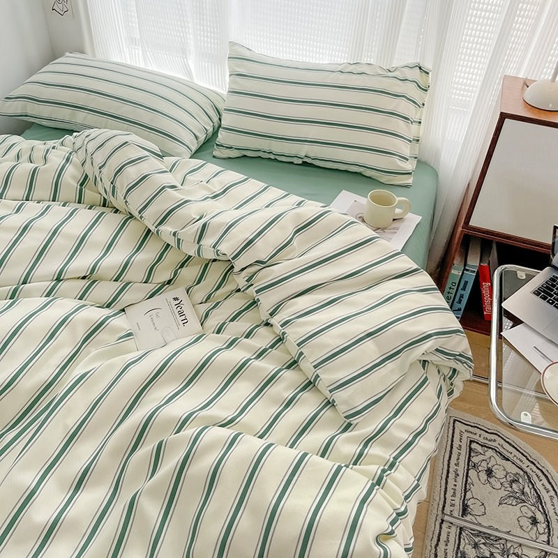 Qfdian Minimalist Green Striped Sage Bedding Set