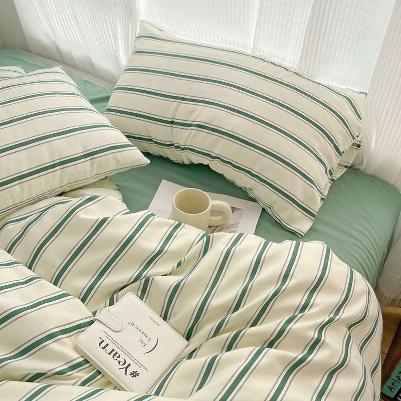 Qfdian Minimalist Green Striped Sage Bedding Set