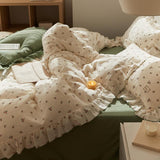 Qfdian Sage Green Cute Peach Ruffled Bedsheet Set
