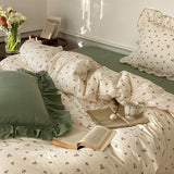 Qfdian Sage Green Cute Peach Ruffled Bedsheet Set
