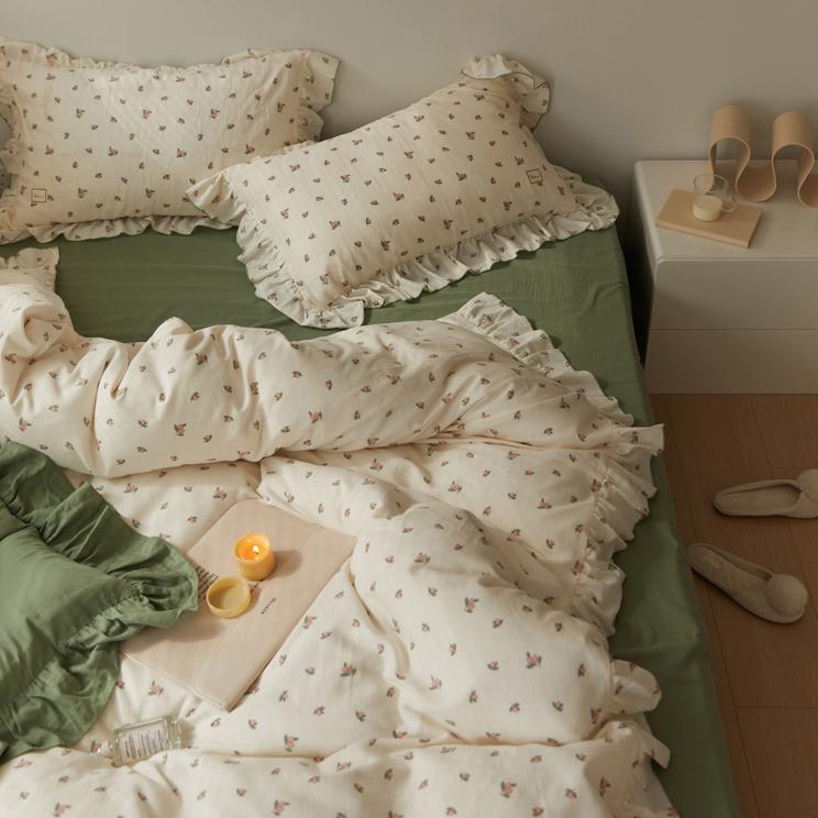 Qfdian Sage Green Cute Peach Ruffled Bedsheet Set