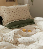 Qfdian Sage Green Cute Peach Ruffled Bedsheet Set