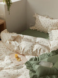 Qfdian Sage Green Cute Peach Ruffled Bedsheet Set