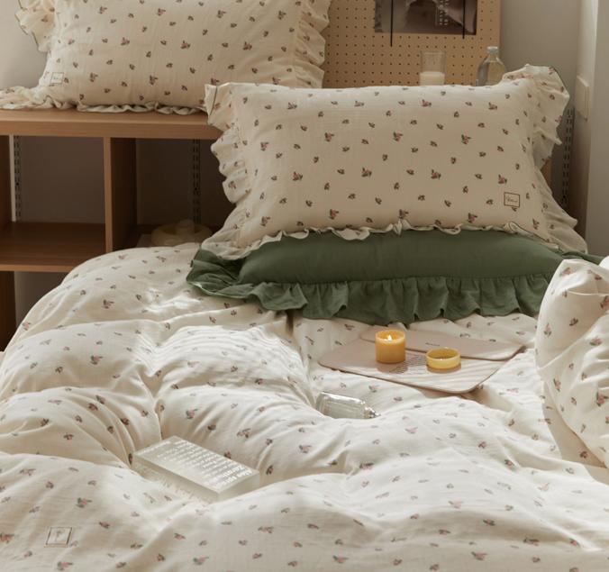 Qfdian Sage Green Cute Peach Ruffled Bedsheet Set