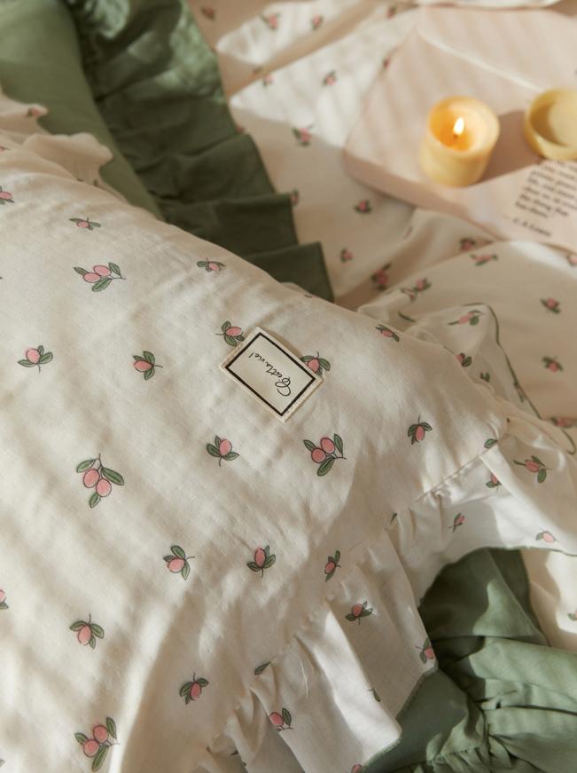 Qfdian Sage Green Cute Peach Ruffled Bedsheet Set