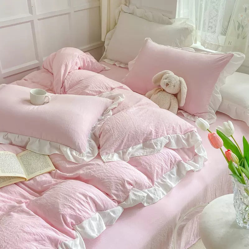 Qfdian Soft Crumpled Ruffle Bedding Set