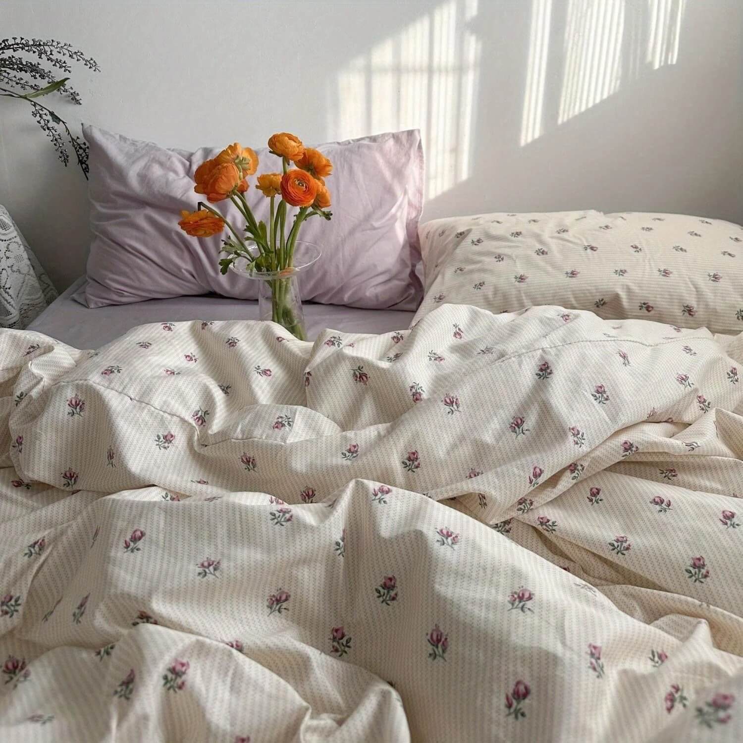 Qfdian Vintage Grandmacore Floral Print Bedding Set