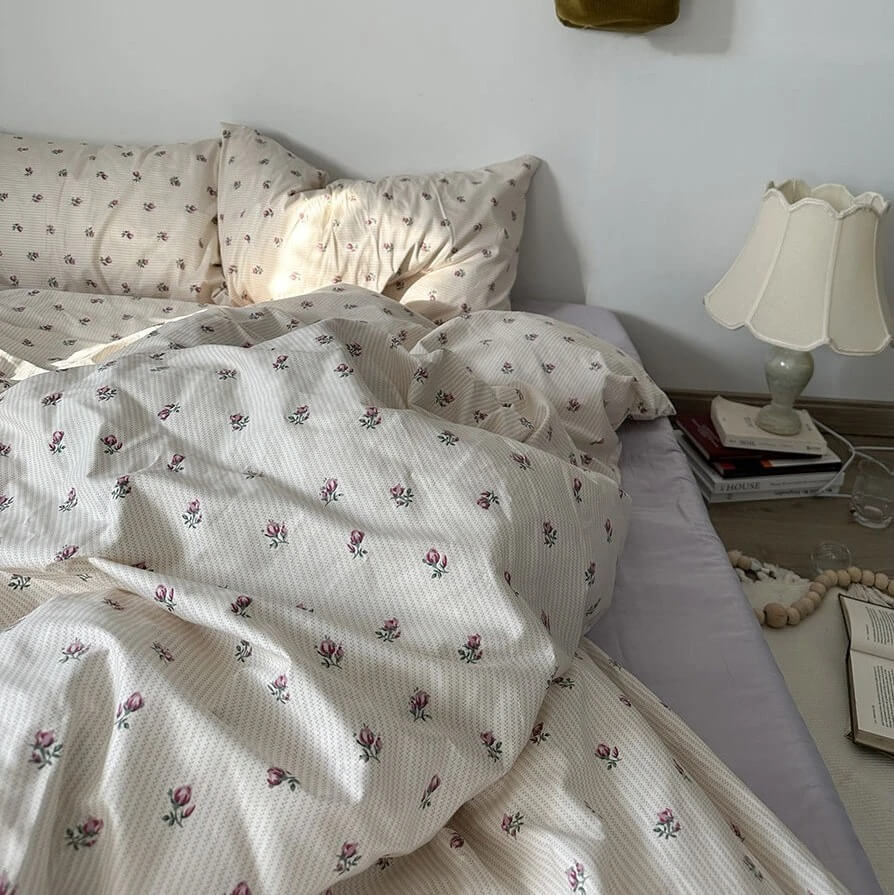 Qfdian Vintage Grandmacore Floral Print Bedding Set