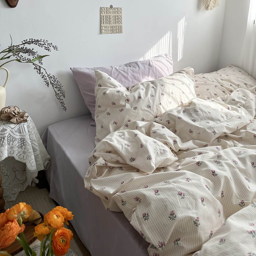 Qfdian Vintage Grandmacore Floral Print Bedding Set