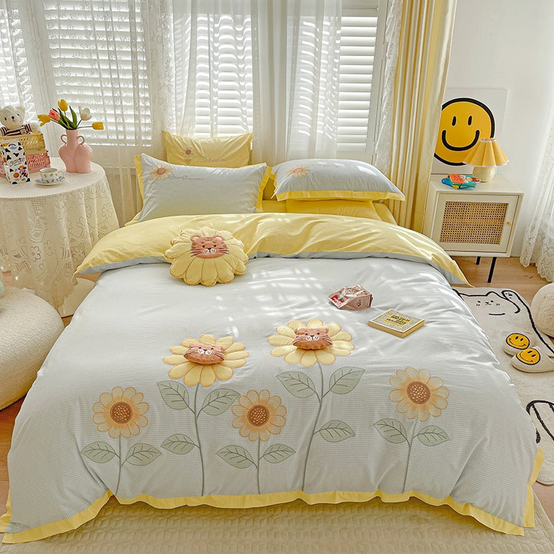 Fresh Sunflower Washed Cotton Four-Piece Cartoon Bed Set