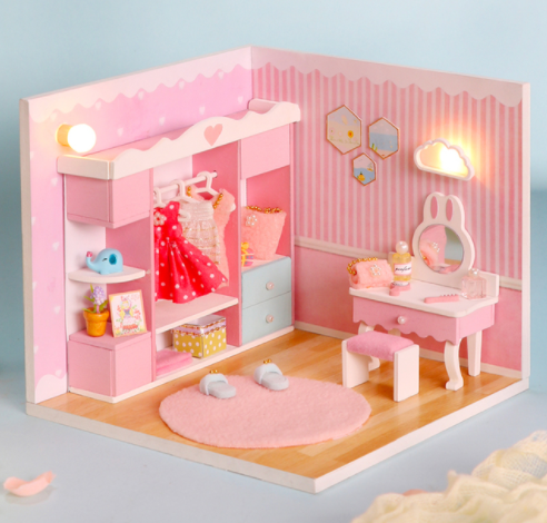 Qfdian  DIY Doll House Wooden Doll Houses Miniature Dollhouse Furniture Kit with LED Toys for Children Christmas Gift