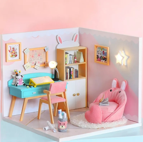Qfdian  DIY Doll House Wooden Doll Houses Miniature Dollhouse Furniture Kit with LED Toys for Children Christmas Gift