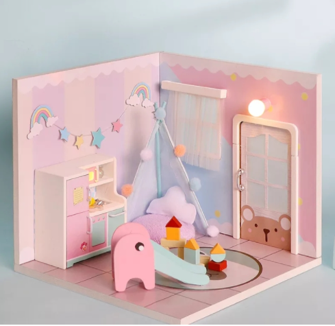 Qfdian  DIY Doll House Wooden Doll Houses Miniature Dollhouse Furniture Kit with LED Toys for Children Christmas Gift