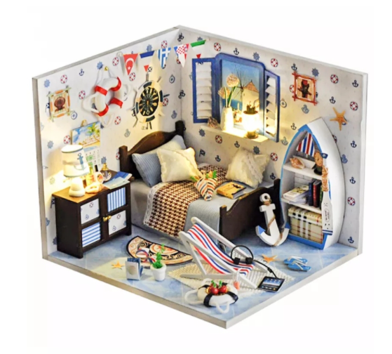 Qfdian  DIY Doll House Wooden Doll Houses Miniature Dollhouse Furniture Kit with LED Toys for Children Christmas Gift