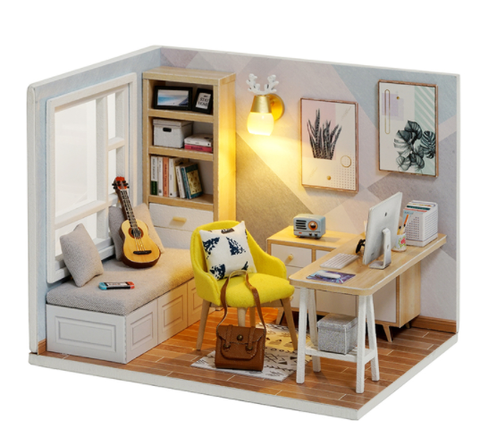 Qfdian  DIY Doll House Wooden Doll Houses Miniature Dollhouse Furniture Kit with LED Toys for Children Christmas Gift