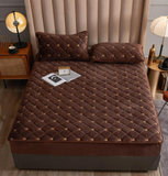 Qfdian Cozy apartment aesthetic Embroidery Coral Fleece Mattress Protector Fitted Sheet Style Cover for Mattress Solid Color Quilted Thick Soft Pad for Bed