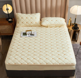 Qfdian Cozy apartment aesthetic Embroidery Coral Fleece Mattress Protector Fitted Sheet Style Cover for Mattress Solid Color Quilted Thick Soft Pad for Bed