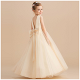 Qfdian Teen Girl Party Dress for Wedding Backless Princess Dress Girl Bridesmaid Pearl Sleeveless Long Dress Child Ceremony Event Gowns