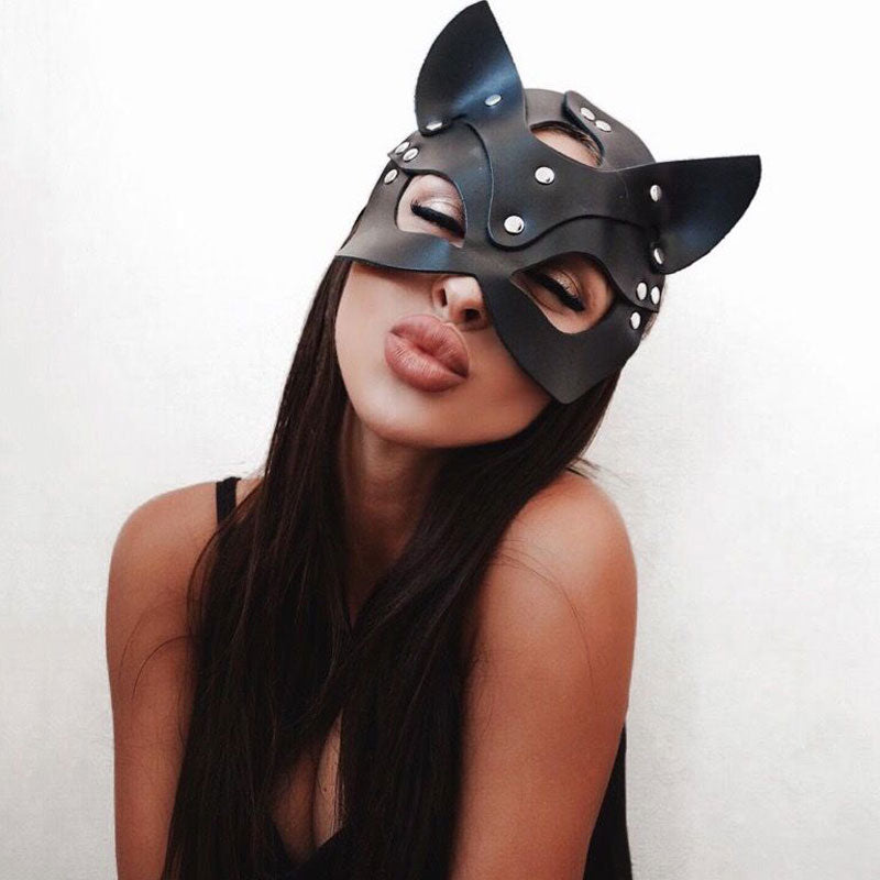 Qfdian halloween decorations halloween costumes halloween gift gifts for women hot sale new Mask Half Eyes Cosplay Face Cat Leather Harness Mask Cosplay Mask Women Leather Fun Cat Mask Black Halloween