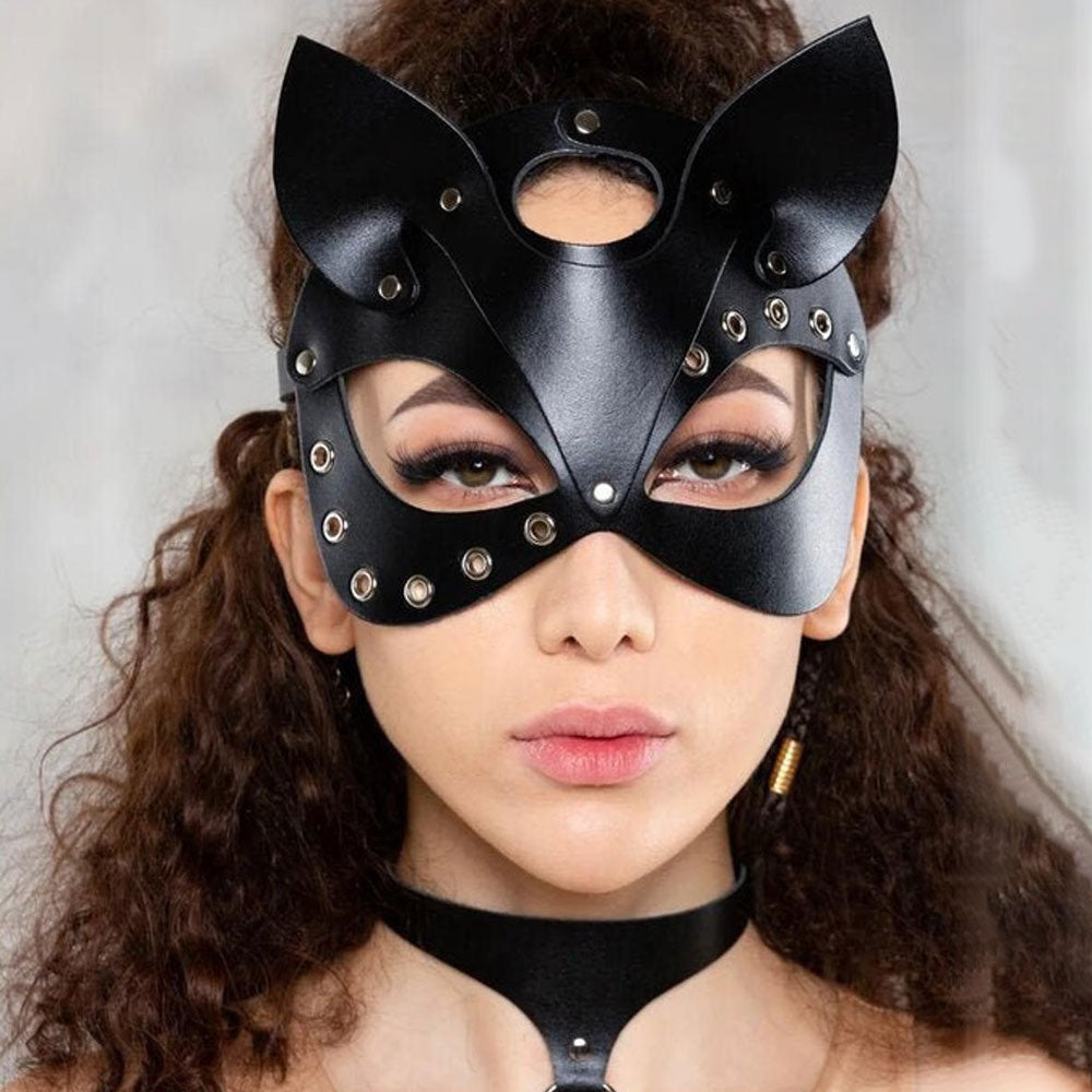 Qfdian halloween decorations halloween costumes halloween gift gifts for women hot sale new Mask Half Eyes Cosplay Face Cat Leather Harness Mask Cosplay Mask Women Leather Fun Cat Mask Black Halloween