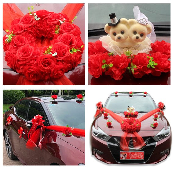 Qfdian Party decoration Wedding Car Simulation Flowers Decoration Set Bride To Be Team Car Head Flower Romantic Wedding Car Decoration