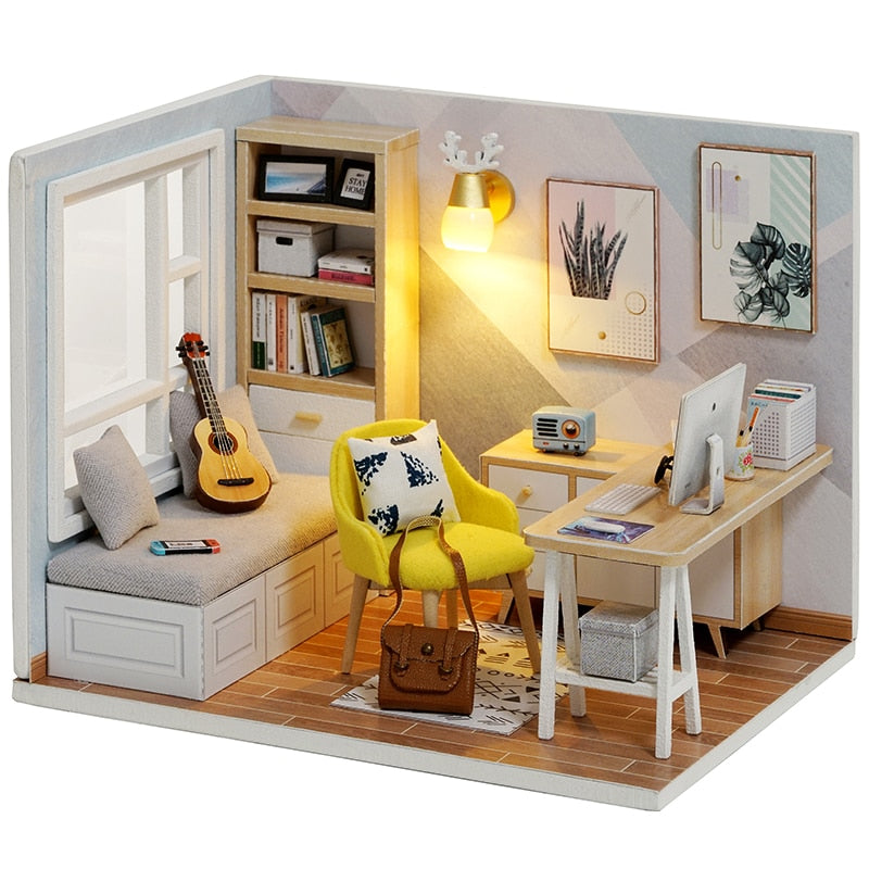 Qfdian Mini Dollhouse kit with Dust Cover Diy Wooden Doll House Miniatures Kit Dollhouse Furniture Accessories Toys for Childre