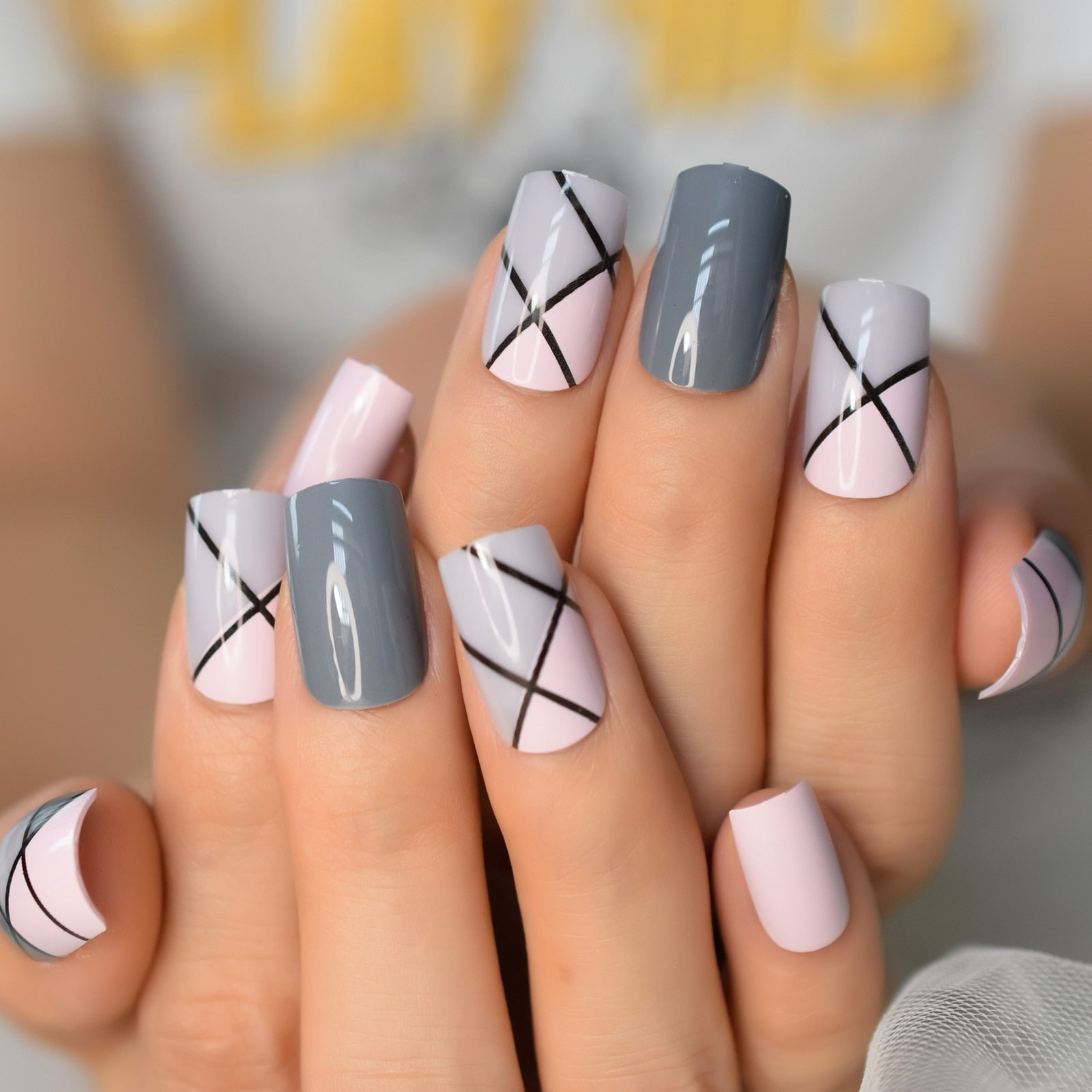 Qfdian Natural Nude Color Press On Nails Marble White Artificial False Nails Square Short Glossy Pattern Tips with Glue Sticker