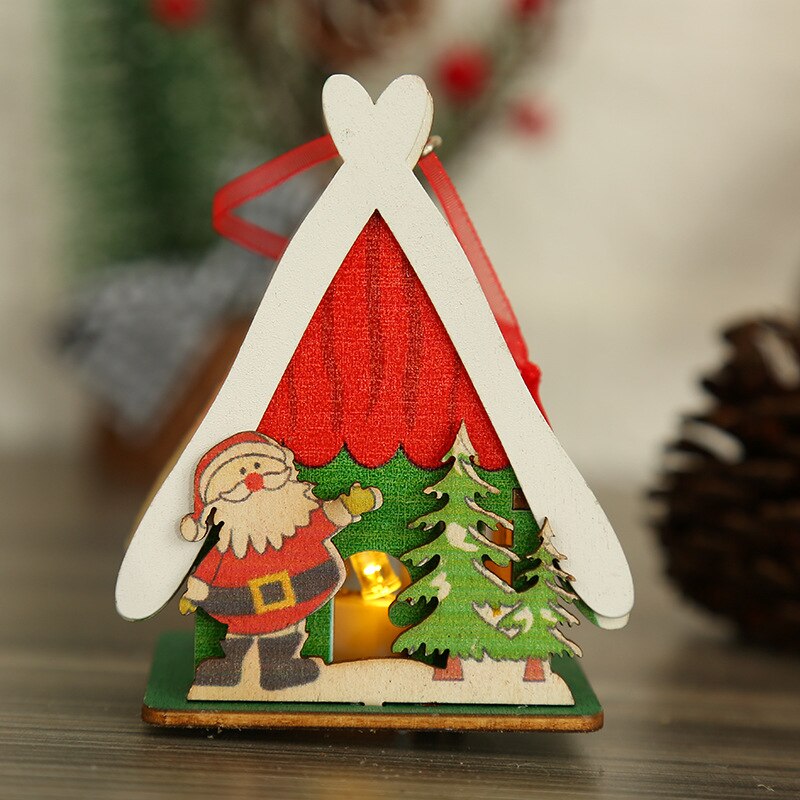 Qfdian Christmas Decorations, Wooden Luminous Colored Small House 14cm, Home Living Room Wall Hanging, Christmas Tree Dress Up Supplies