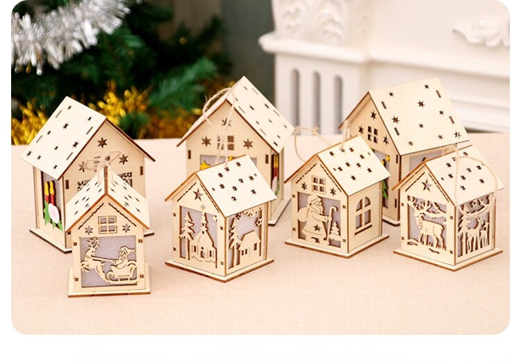 Qfdian halloween decorations christmas decorations Luminous Wooden House Snow House Christmas Tree Hanging Decor Noel Window Display Decor Xmas New Year Gift