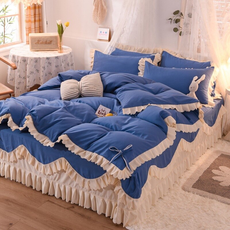 Qfdian Cozy apartment aesthetic hot sale new Lace Bed Skirt 4pcs Bedding Set Luxury Soft Bed Sheet Set Covers Solid Color Princess Style Home Textile Full Queen King Size