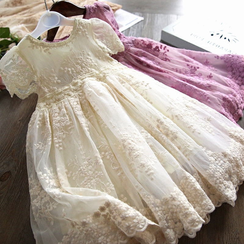 QFDIAN Summer Teens Girl Dresses For Child Floral Short Sleeve Gowns Children Dresses Lace Party Dress Vestido Infantil 3 to 8 Years