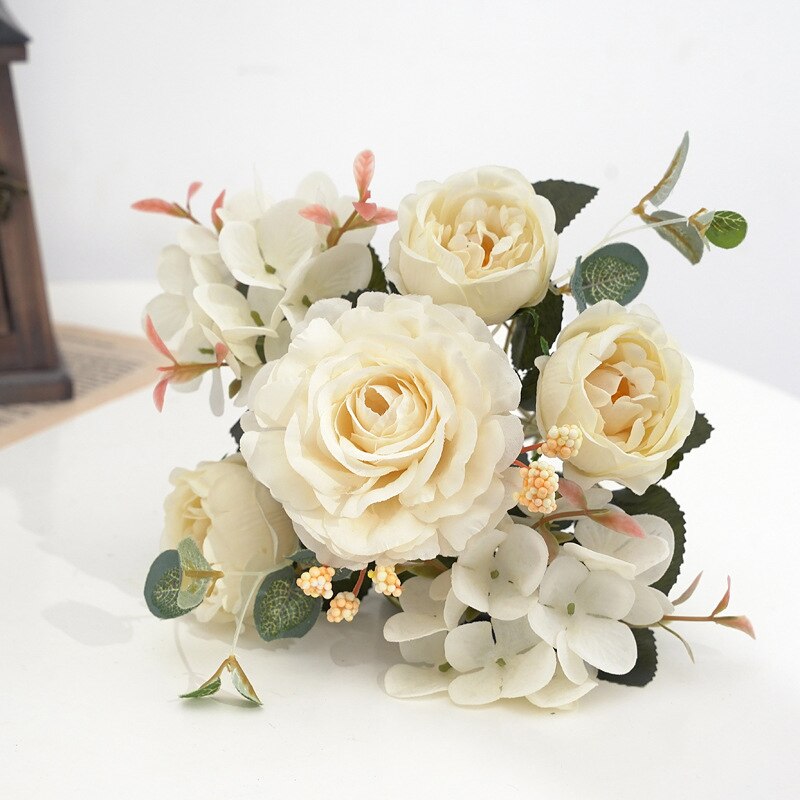 Qfdian  Christmas Silk Peony Artificial Flowers Rose Wedding Home DIY Decor High Quality Big Bouquet Foam Accessories Craft White Fake Flower