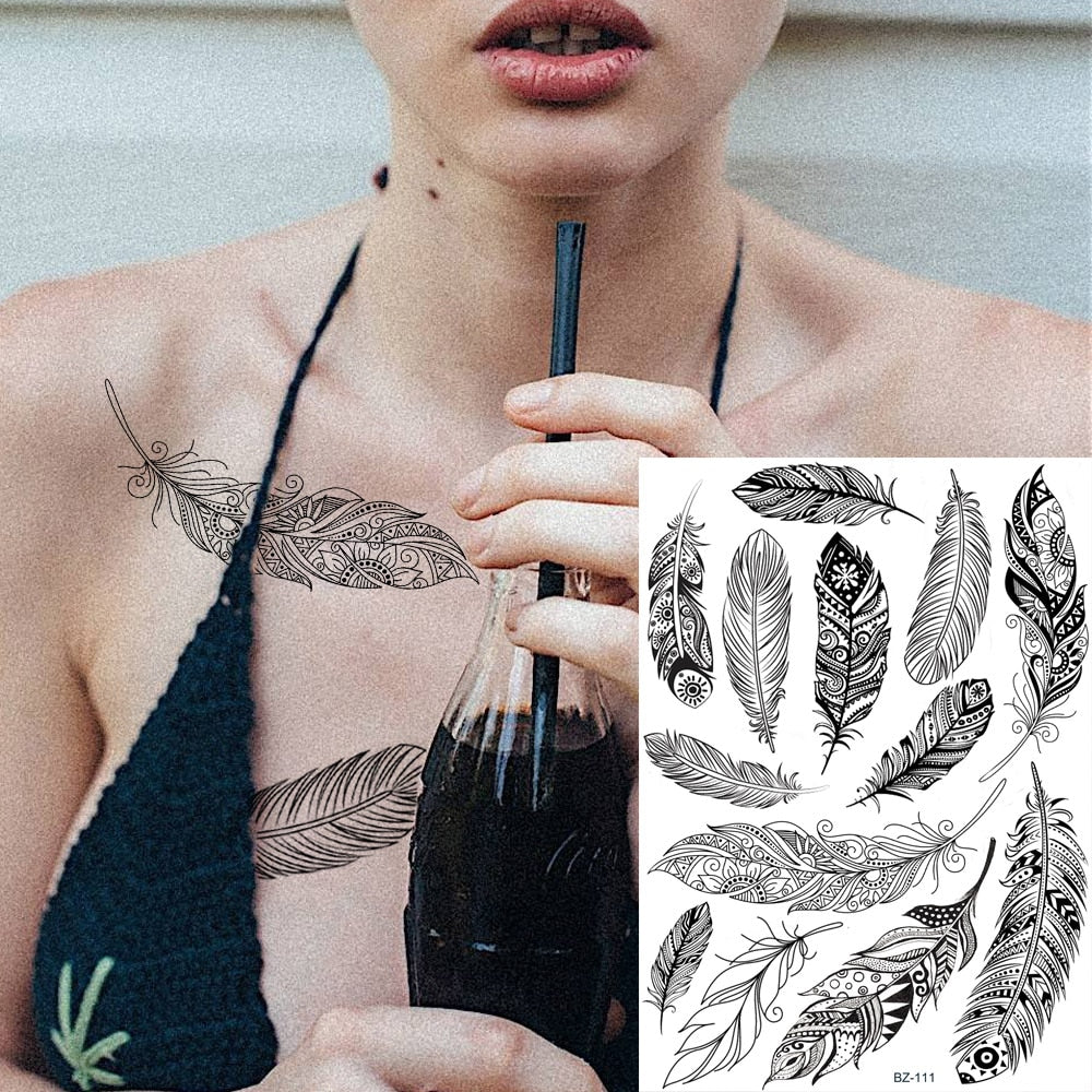 Black Henna Lace Temporary Tattoos Sticker For WOmen Butterfly Moth Mehndi Flower Fake Tatoo Sticker Feather Flora Tatoo