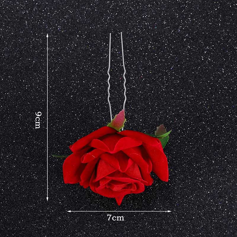 Qfdian gifts for women hot sale new U Shaped Red Rose Flower Hairpins Clips Headpieces Bride Wedding Hair Forks Decor Headdress Handmade Party Hair Accessories