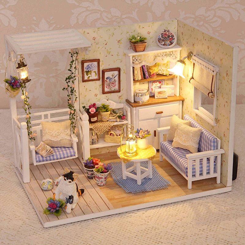 Qfdian Mini Dollhouse kit with Dust Cover Diy Wooden Doll House Miniatures Kit Dollhouse Furniture Accessories Toys for Childre