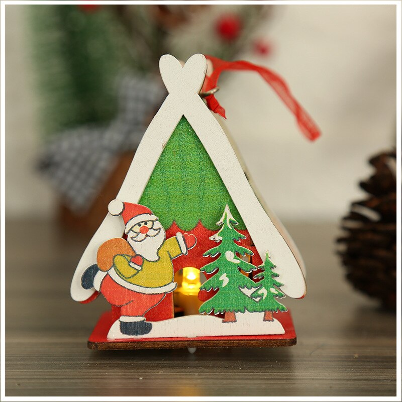 Qfdian Christmas Decorations, Wooden Luminous Colored Small House 14cm, Home Living Room Wall Hanging, Christmas Tree Dress Up Supplies