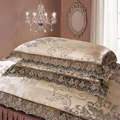 Qfdian Cozy apartment aesthetic hot sale new Brown Lace Bed Skirt Design Bedding Sets King Queen Size Wedding Bed Set Jacquard Duvet Cover Bedlinen Bedspread Home Textile