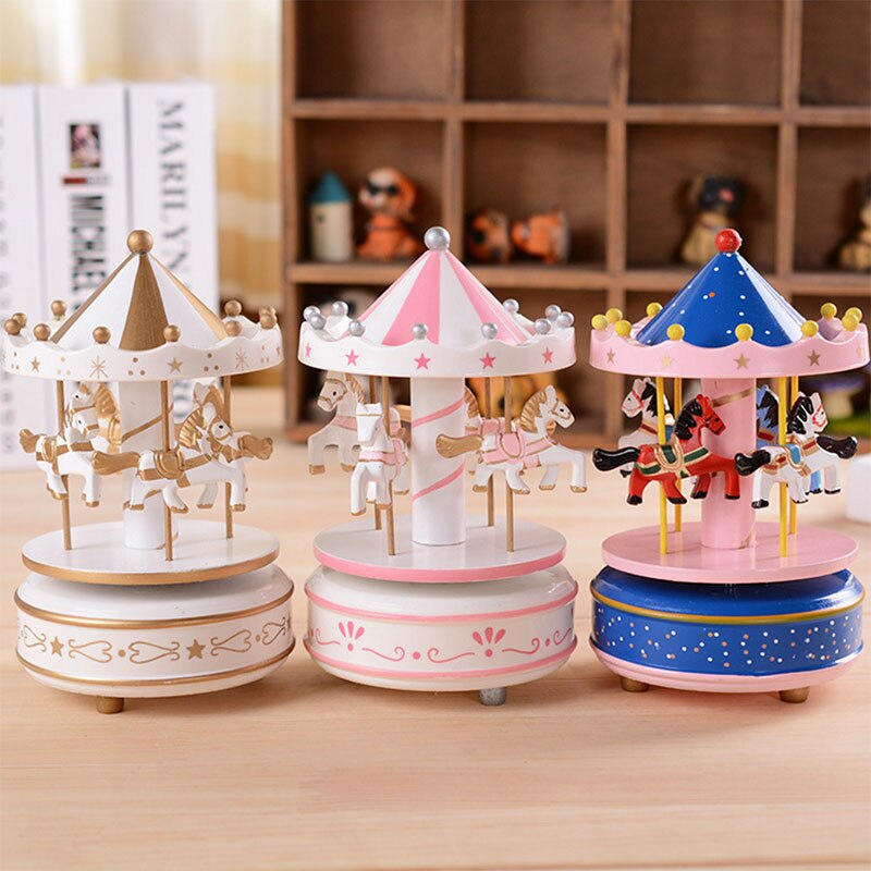 Qfdian Party decoration Blue Pink Wooden Carousel Music Box Valentines Day Gift Souvenir Gift Wedding Favors Gifts for Guest