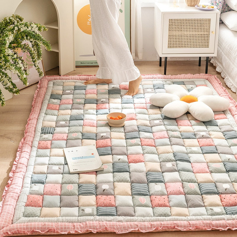 Qfdian Cotton Carpet for Living Room Hand Patchwork Quilted Thicken Bedroom Rugs Anti Slip Large Kids Room Rug Tatami Mat Machine Wash