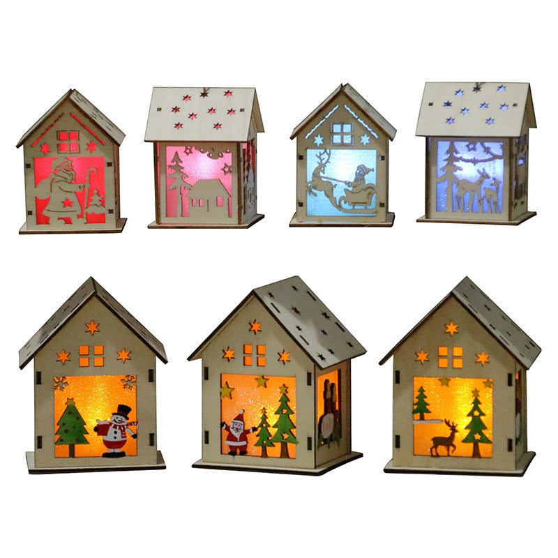 Qfdian halloween decorations christmas decorations Luminous Wooden House Snow House Christmas Tree Hanging Decor Noel Window Display Decor Xmas New Year Gift