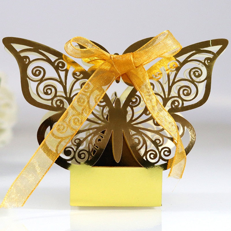Qfdian 10/50/100pcs Butterfly Laser Cut Hollow Carriage Favors Gifts Box Candy Boxes With Ribbon Baby Shower Wedding Party Supplies