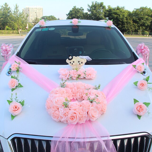 Qfdian Party decoration Wedding Car Simulation Flowers Decoration Set Bride To Be Team Car Head Flower Romantic Wedding Car Decoration