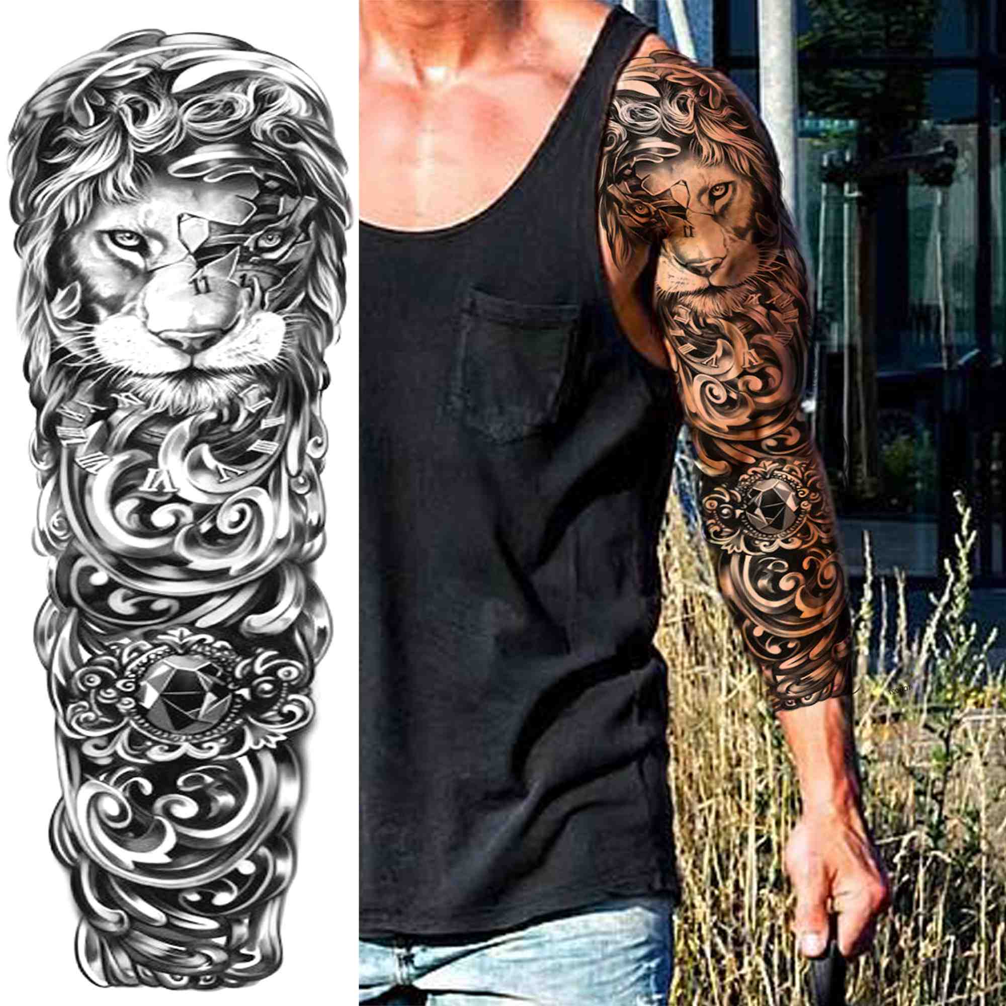 Qfdian gifts for men  Full Arm Evil Eye Temporary Tattoo Sticker For Men Women Realistic Skull Rose Flower Tatoos Body Art 3D Waterproof Fake Tattoos