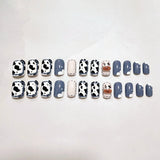 24Pcs false nails with designs cow and Blue Color cut design Fake Nail Shiny Gold Foil  artificial nails with glue for girls