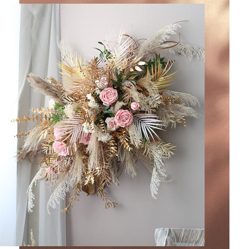 Qfdian Natural Dried Pampas Grass Gold Leaf Artificial Rose Flower Row Arrangement Wedding Props Arch Backdrop Deco Wall Hanging Floral