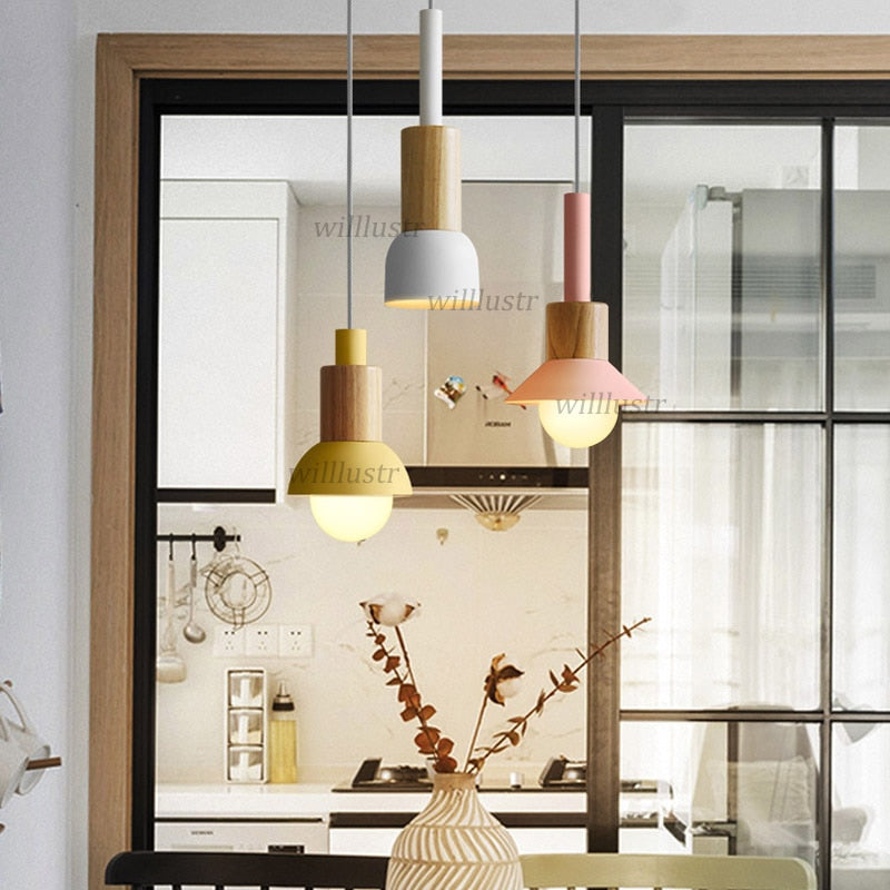 Qfdian home decor hot sale new Iron Wood Macaron Pendant Lamp Pink Green Yellow Hotel Restaurant Sitting Dining Room Bedroom Nordic Hanging Suspension Lighting