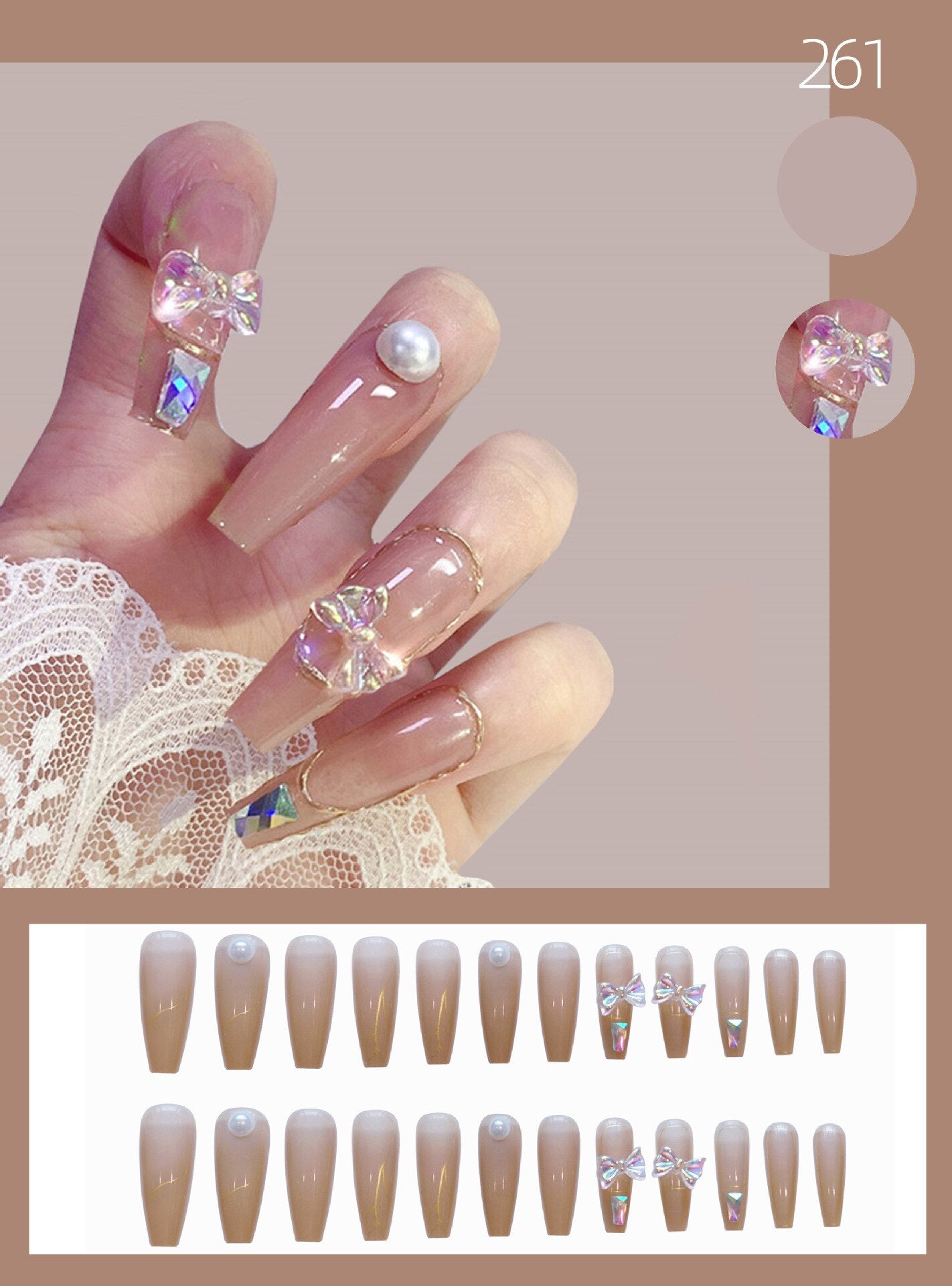 3D Bow Ballet Artificial Diamond Fake Nails Art Aurora Press on Detachable False Nails with Designs Set Love Hreat Nail Tips