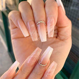 Qfdian 24pcs Fake Nails With Small Diamond Glue Type Long Paragraph Gradient Color Fashion Manicure Patch False Nails Press On Coffin