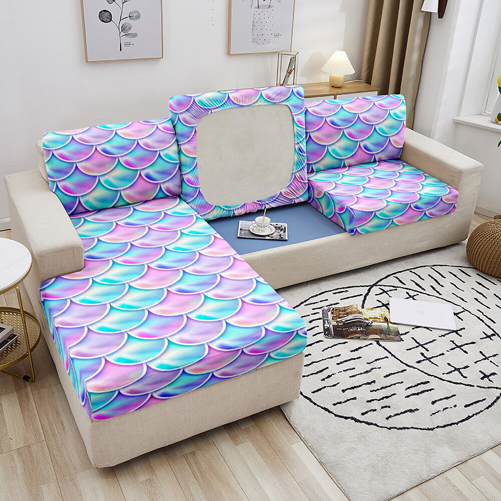 Qfdian Party decoration Sofa Seat Cover Mermaid Scales Printed Sofa Cushion Cover For Living Room Corner Sofa Slipcover Elastic Couch Cover 1-4 Seater